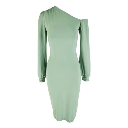 Bodycon Midi Dress with Slanted Shoulder and Long Sleeves