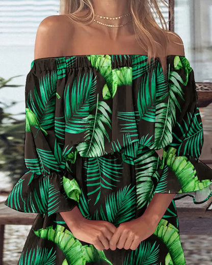 Printed Off-Shoulder Mini Dress with Elasticated Waist
