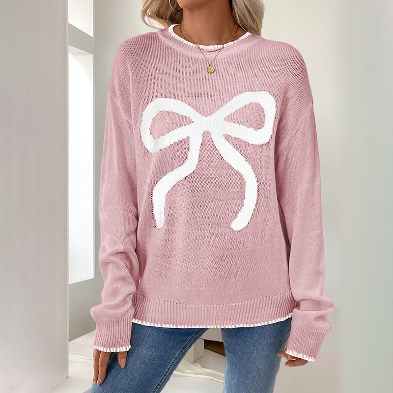 Christmas Bow Pullover Sweater with Round Neck