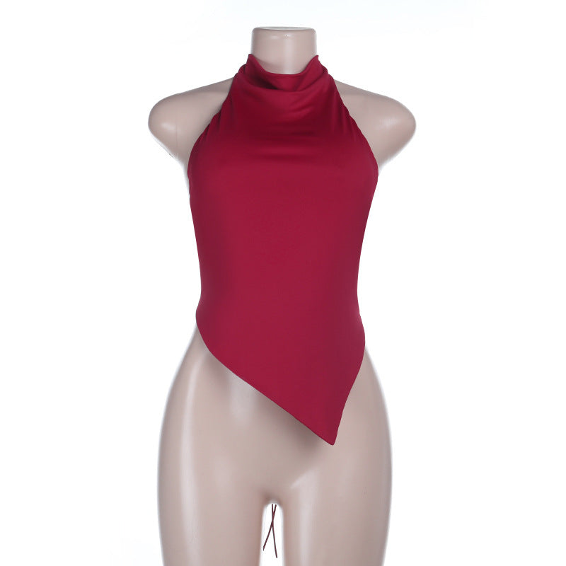 Slim Fit Halter Neck Top with Handkerchief Hem and Backless Detail