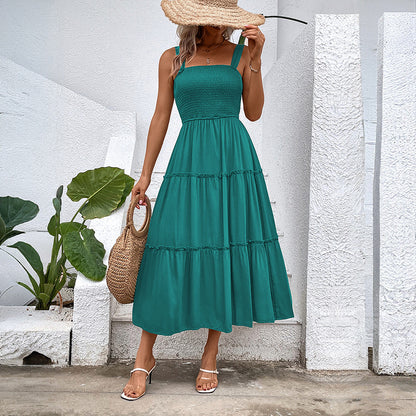 Solid A-Line Midi Dress with Smocked Bodice & Tiered Skirt