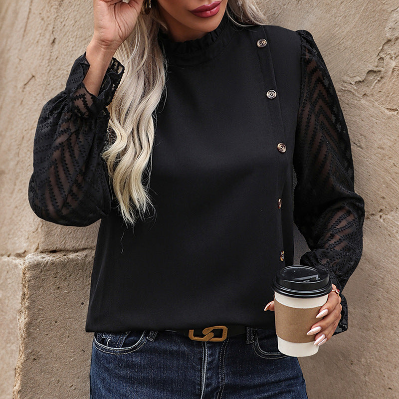 Solid Blouse with Sheer Chevron Puff Sleeves and Ruffled Mock Neck