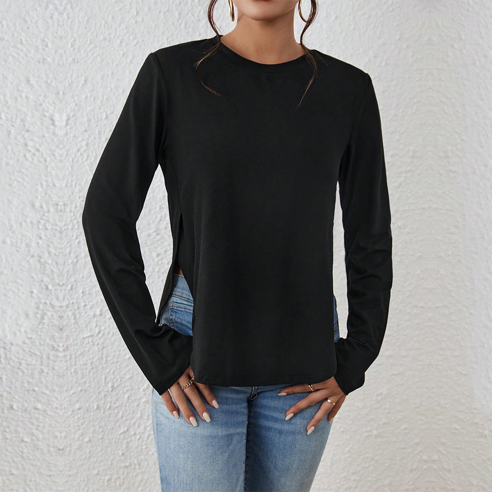 Solid Crewneck Long Sleeve Top with Side Split Hem