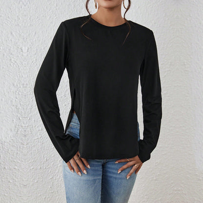 Solid Crewneck Long Sleeve Top with Side Split Hem