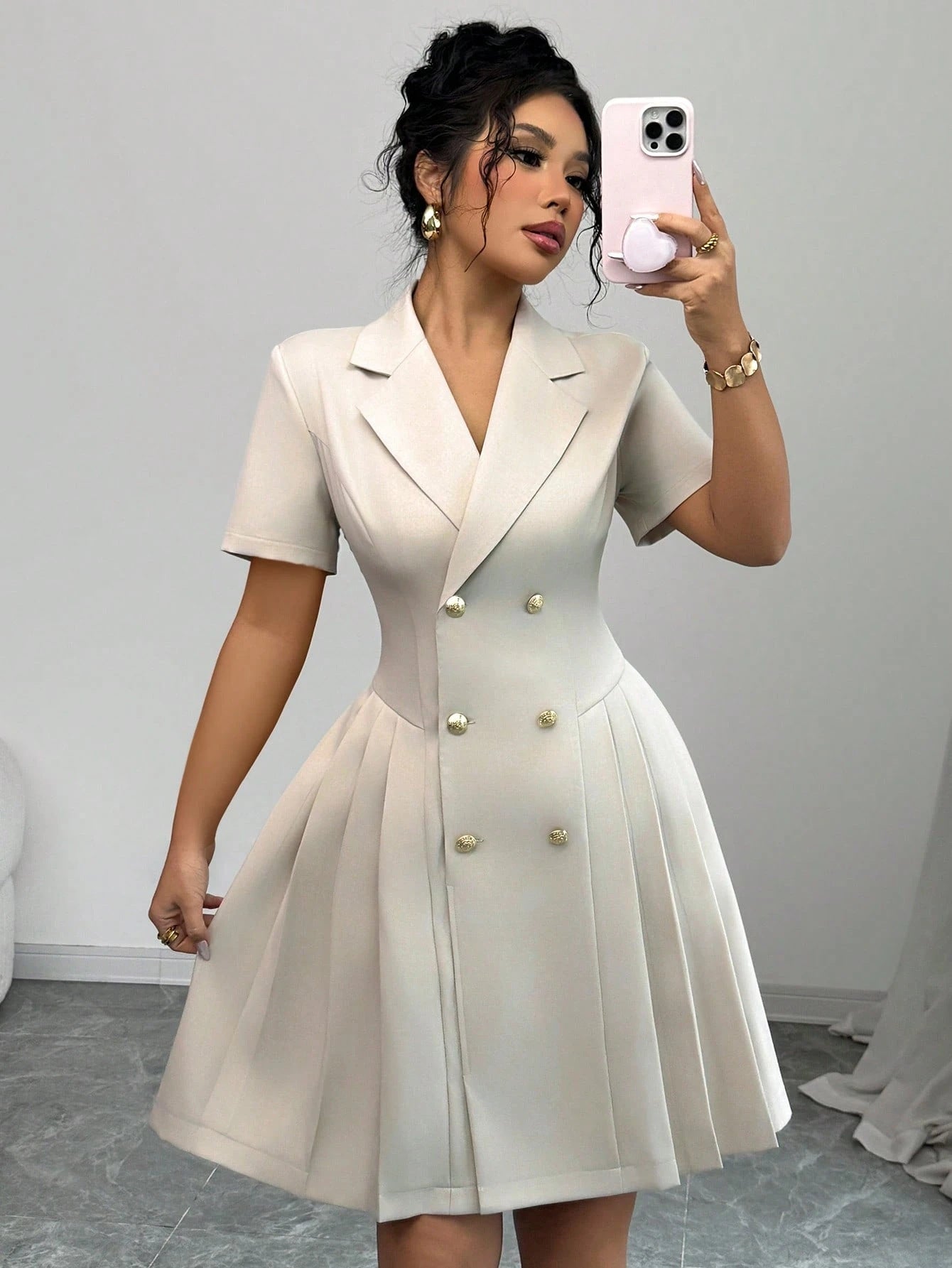 Blazer Dress with Short Sleeves, Double-Breasted Buttons, and Pleated Skirt