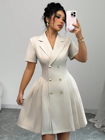 Blazer Dress with Short Sleeves, Double-Breasted Buttons, and Pleated Skirt