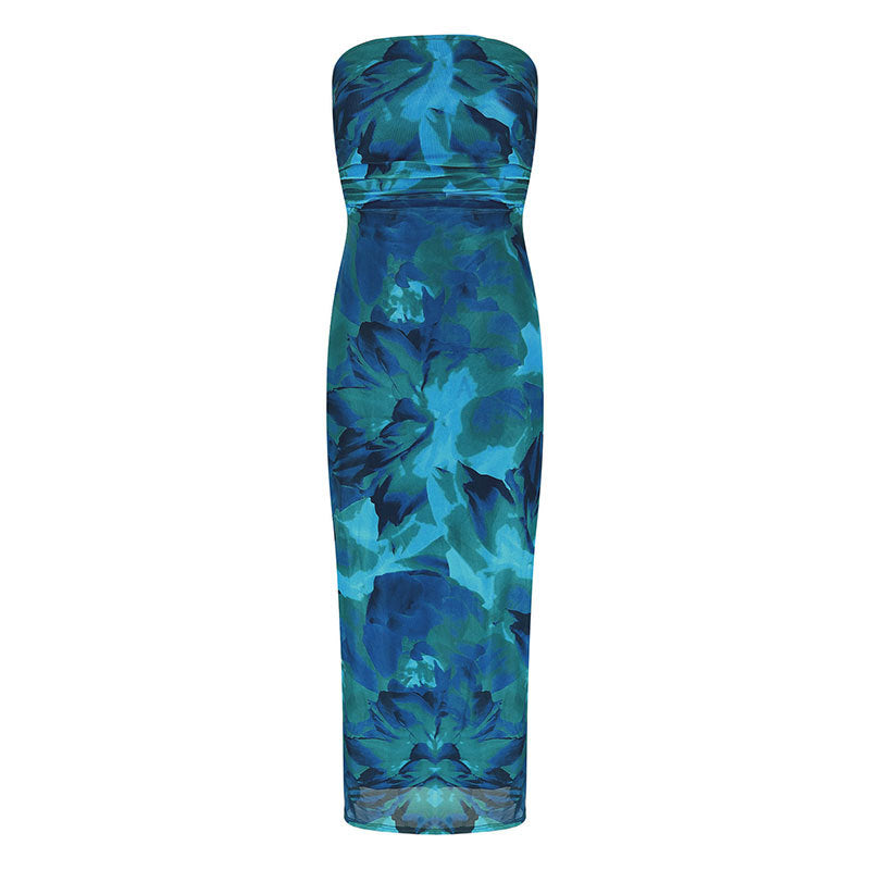 Floral Print Strapless Bodycon Maxi Dress with Side Slit