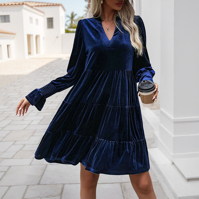 Velvet Tiered Dress with V-Neck and Long Sleeves