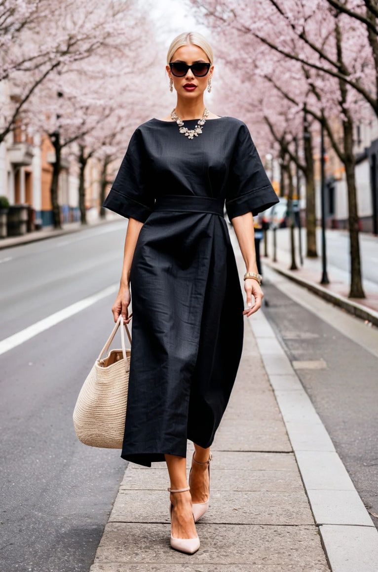 Solid Wrap Midi Dress with Kimono Sleeves and Tie-Waist