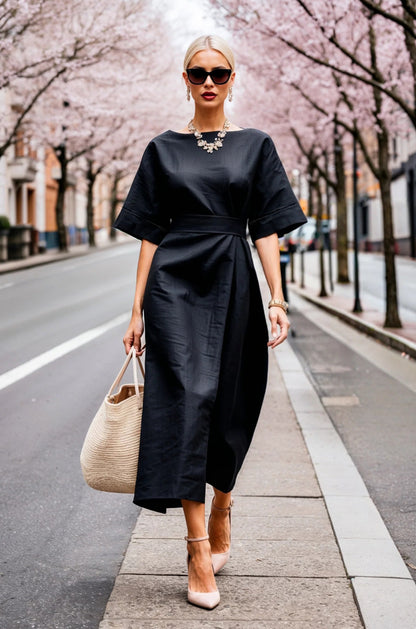 Solid Wrap Midi Dress with Kimono Sleeves and Tie-Waist