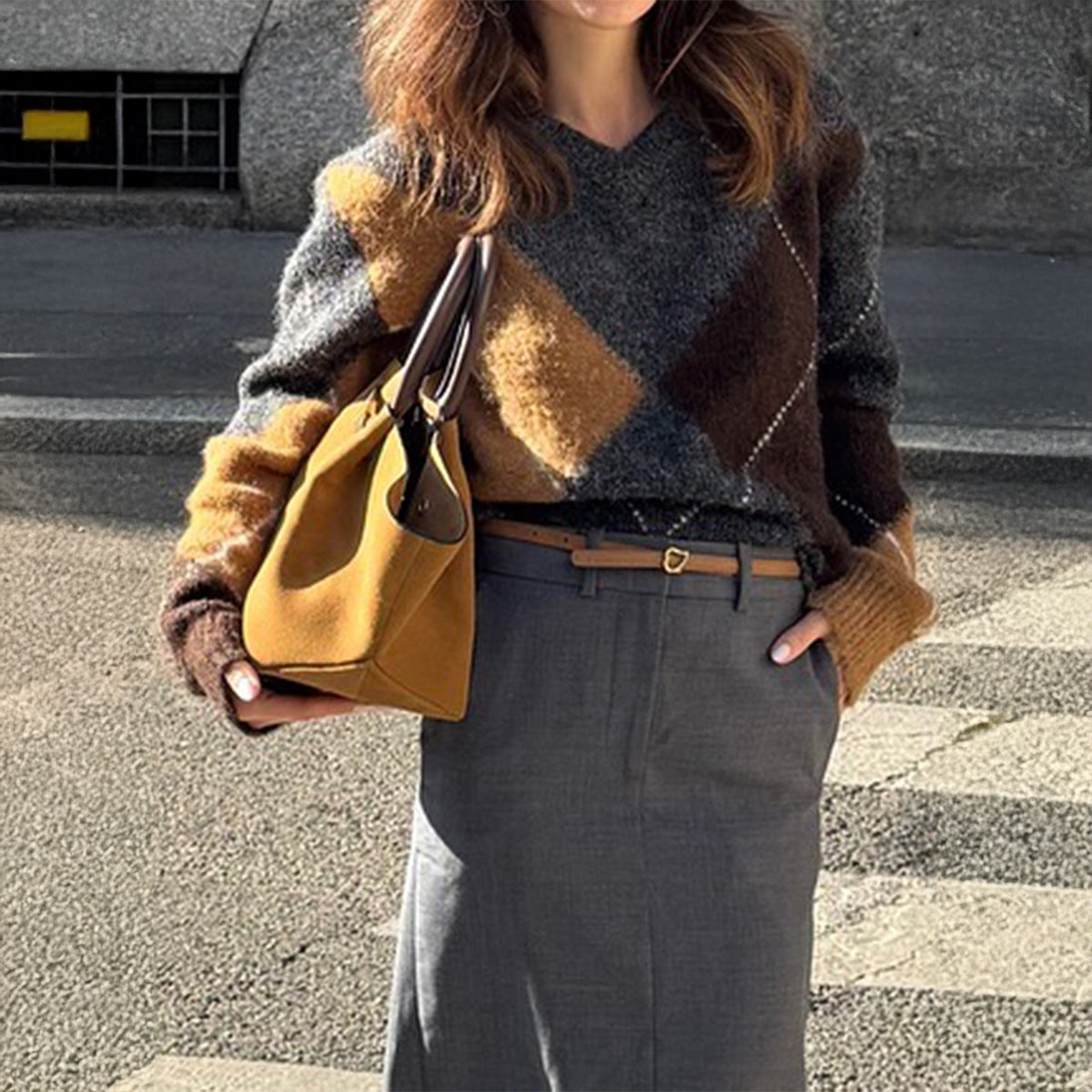 Loose Color-Blocked Argyle Knit Sweater with V-Neck