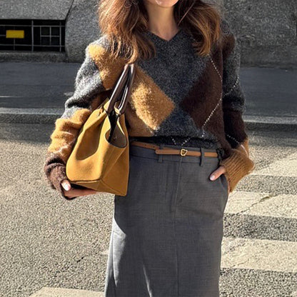 Loose Color-Blocked Argyle Knit Sweater with V-Neck
