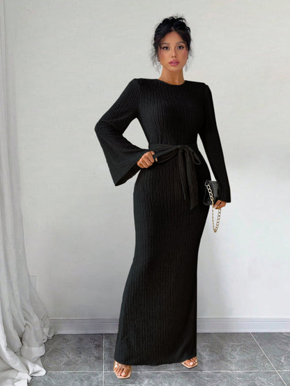 Ribbed Knit Maxi Dress with Bell Sleeves and Tie Waist