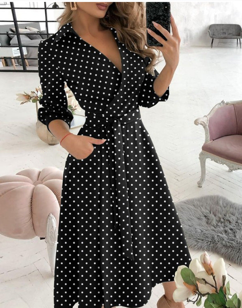 Printed Wrap Midi Dress with Shirt Collar and 3/4 Sleeves