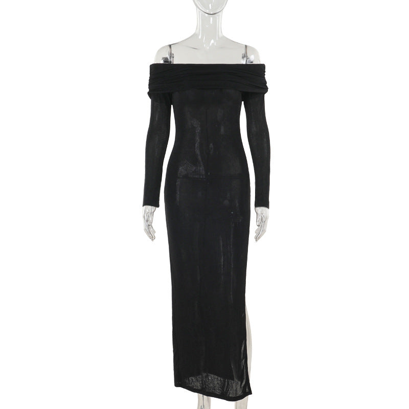 Off-the-Shoulder Bodycon Maxi Dress with Ring Detail and High Slit