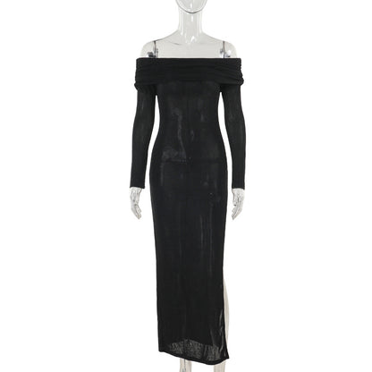 Off-the-Shoulder Bodycon Maxi Dress with Ring Detail and High Slit