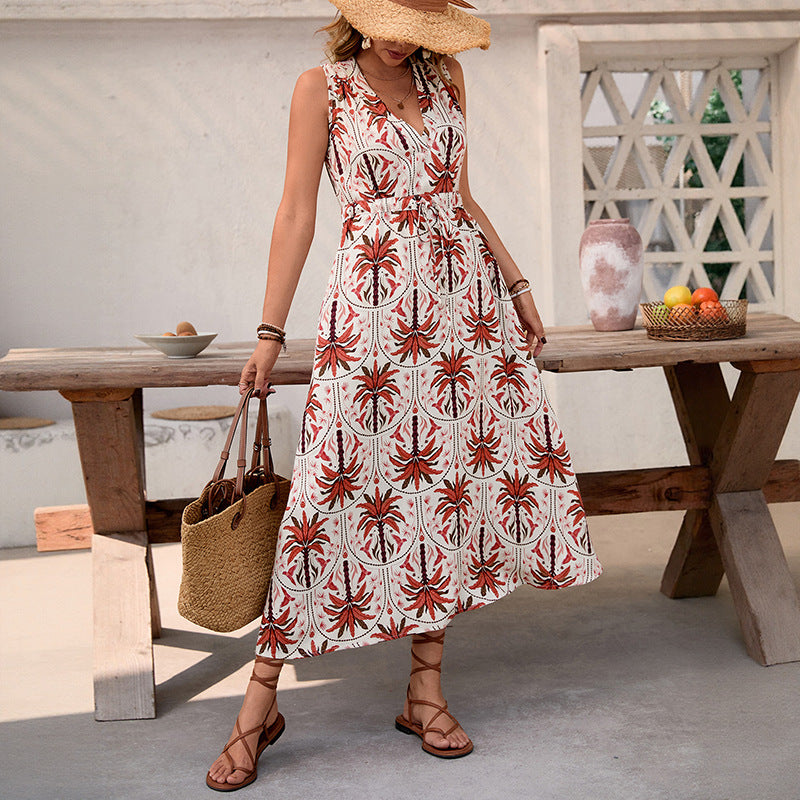 Palm Print A-Line Midi Dress with V-Neck and Drawstring Waist