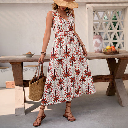 Palm Print A-Line Midi Dress with V-Neck and Drawstring Waist