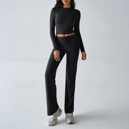Solid Cropped Long-Sleeve Top & Straight-Leg Pants Loungewear Set