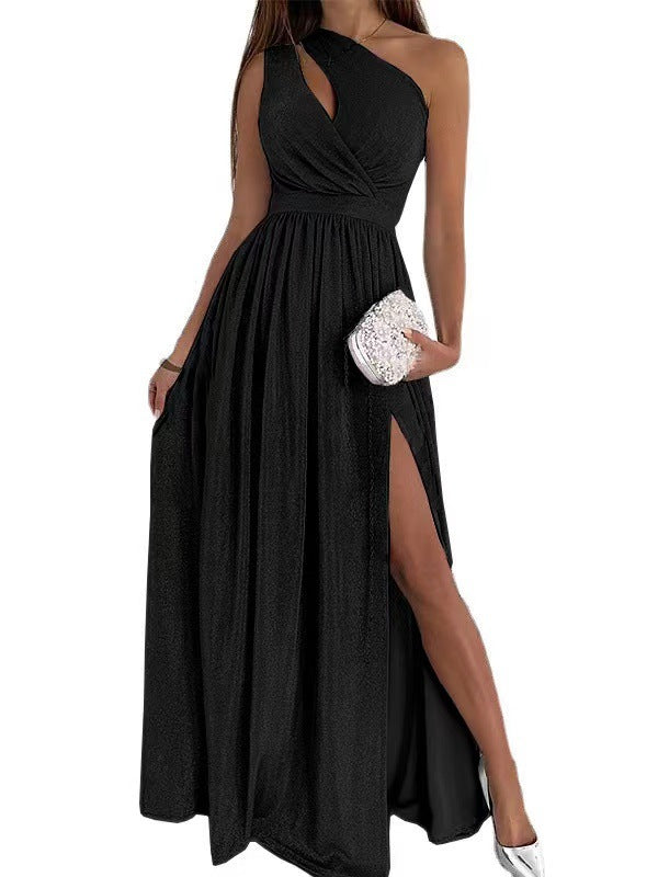 Glitter A-Line Maxi Dress with One-Shoulder Neck and Slit