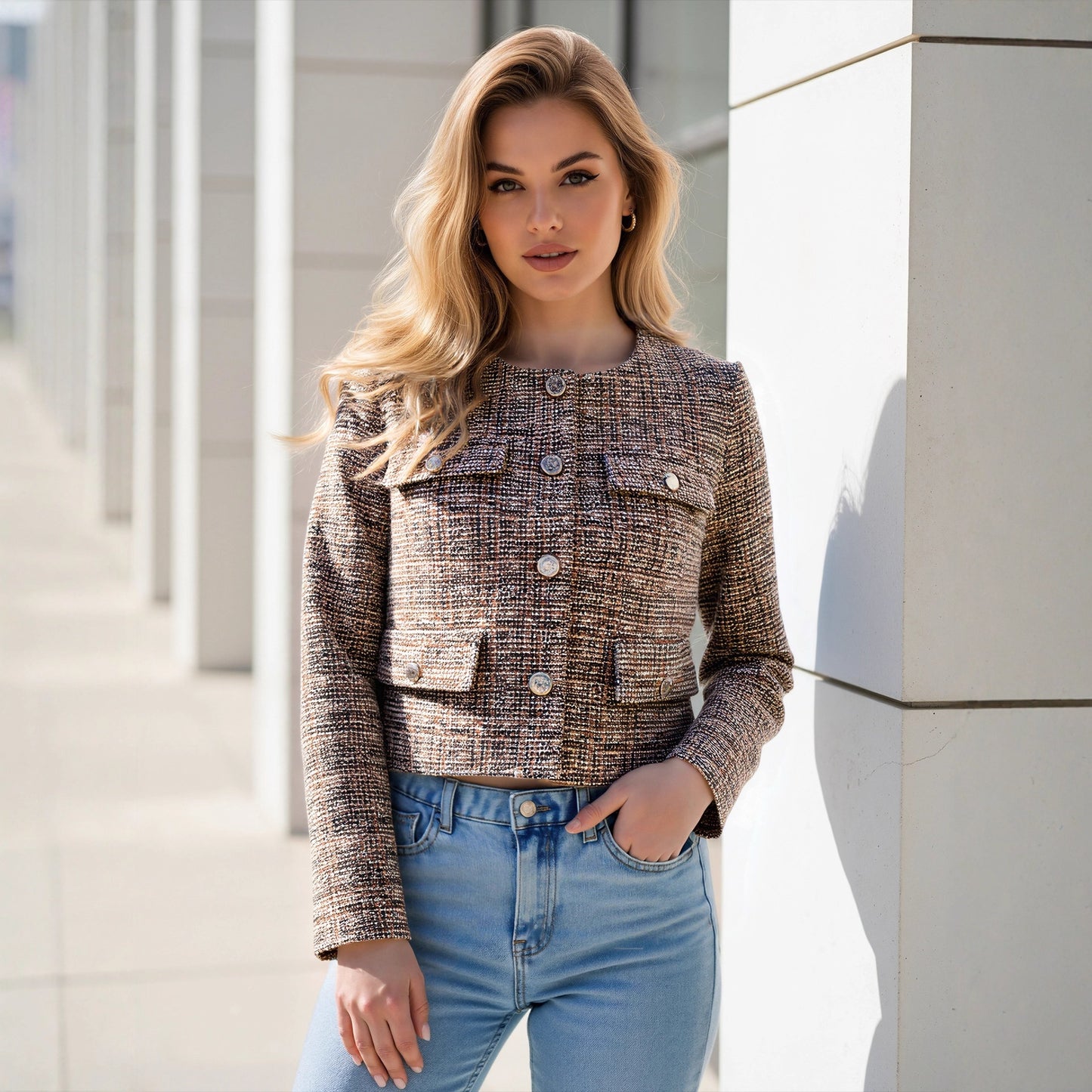 Cropped Tweed Jacket with Crew Neck and Button Front
