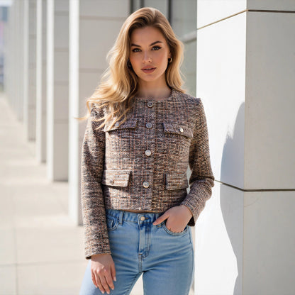 Cropped Tweed Jacket with Crew Neck and Button Front