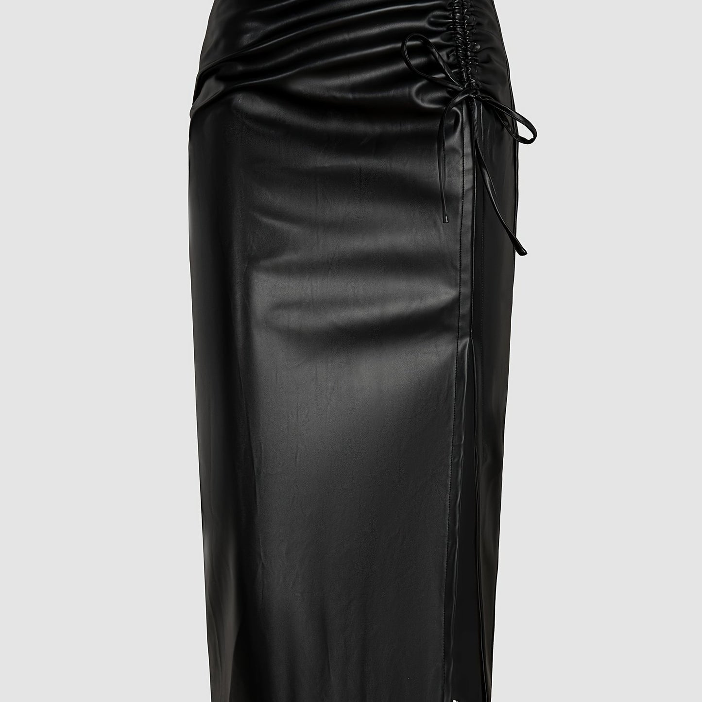 Bodycon Faux Leather Midi Skirt with Ruched Side Slit