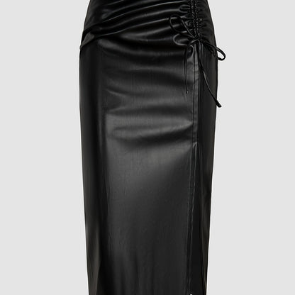 Bodycon Faux Leather Midi Skirt with Ruched Side Slit