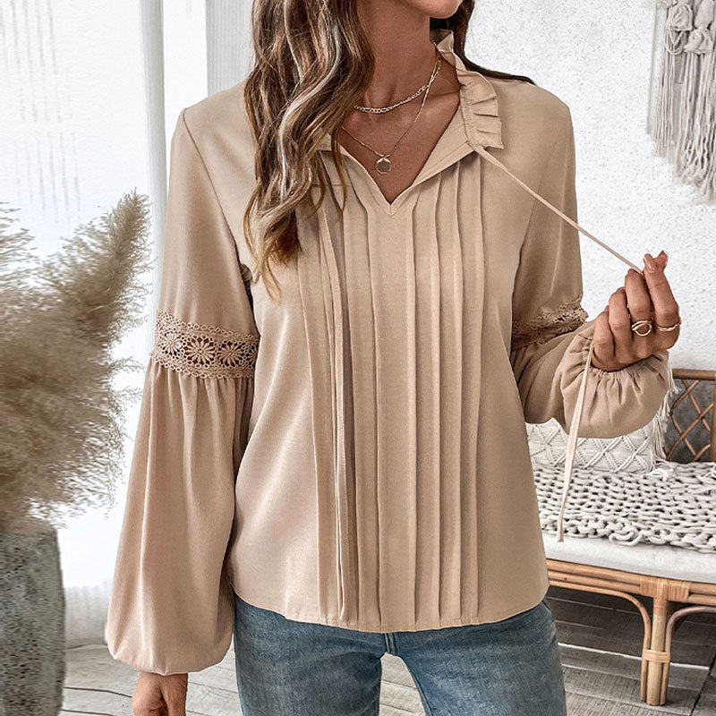 Solid Color Blouse with Pleated Front and Puff Sleeves