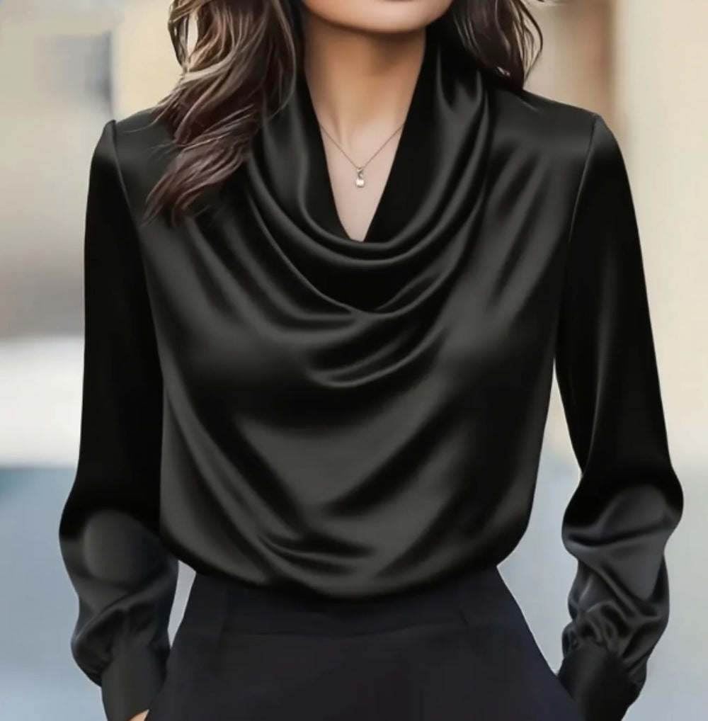 Solid Swing Collar Blouse with Long Sleeves and Satin Finish
