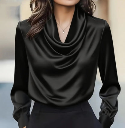 Solid Swing Collar Blouse with Long Sleeves and Satin Finish