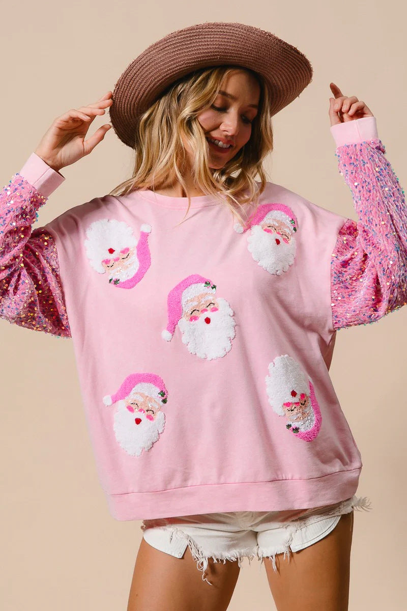Loose Fit Santa Patch Pullover with Sequin Sleeves