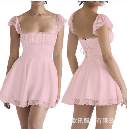 A-Line Mini Dress with Ruched Bust and Lace Trim