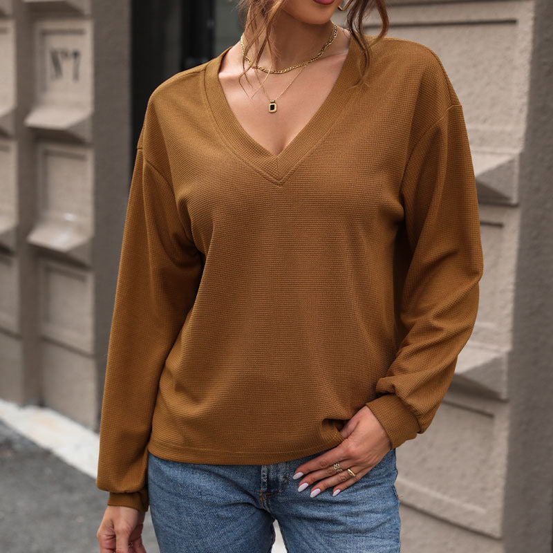Waffle Knit Long-Sleeve Top with V-Neck