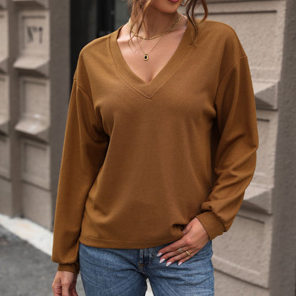 Waffle Knit Long-Sleeve Top with V-Neck