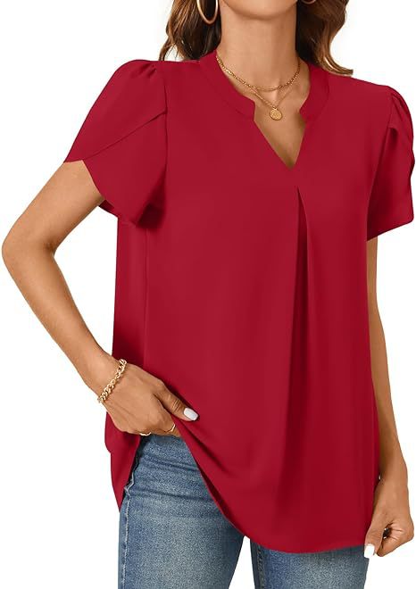 Solid V-Neck Blouse with Petal Sleeves and Pleated Front