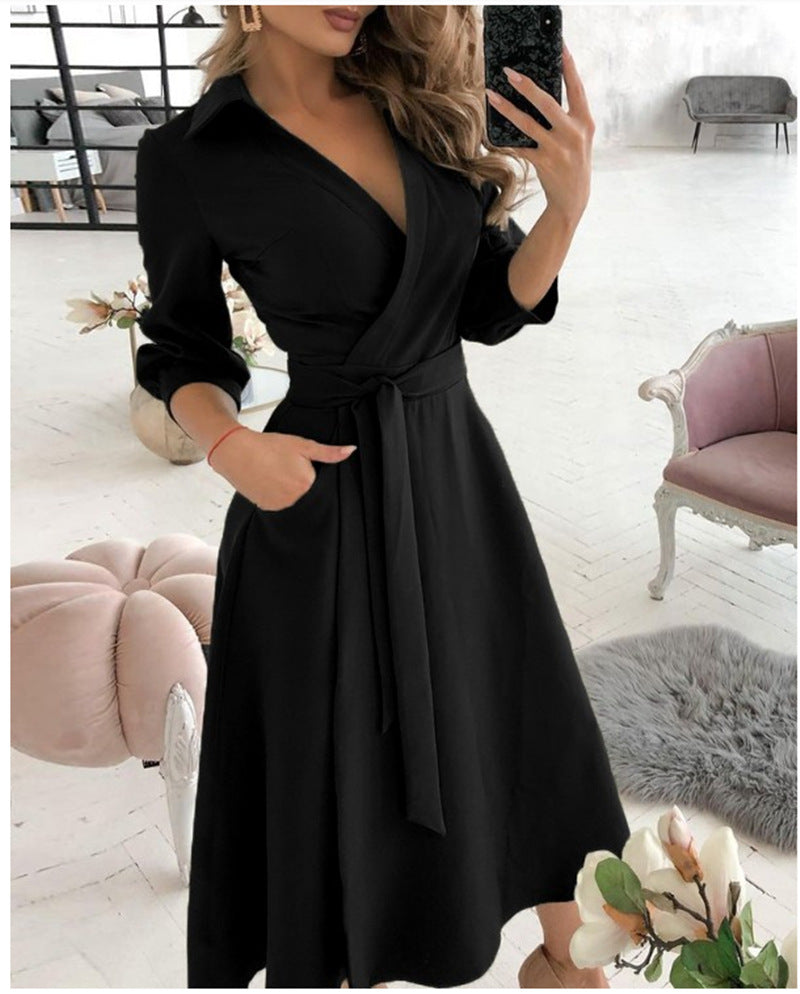 Printed Wrap Midi Dress with Shirt Collar and 3/4 Sleeves