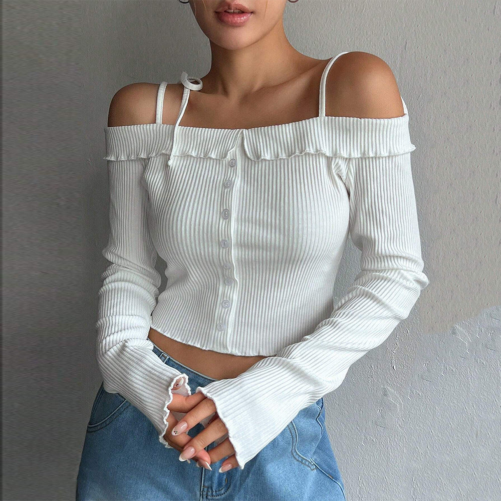 Ribbed Off-the-Shoulder Cropped Top with Button Front