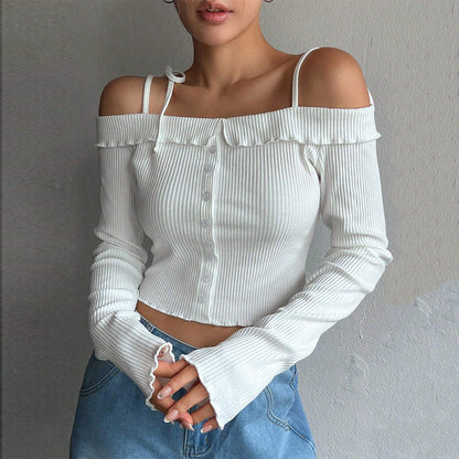 Ribbed Off-the-Shoulder Cropped Top with Button Front