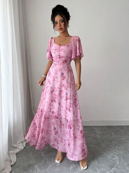 Floral Print Maxi Dress with Flutter Sleeves and Ruched Bust