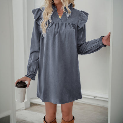 Solid A-Line Dress with Ruffled Stand Collar and Long Sleeves