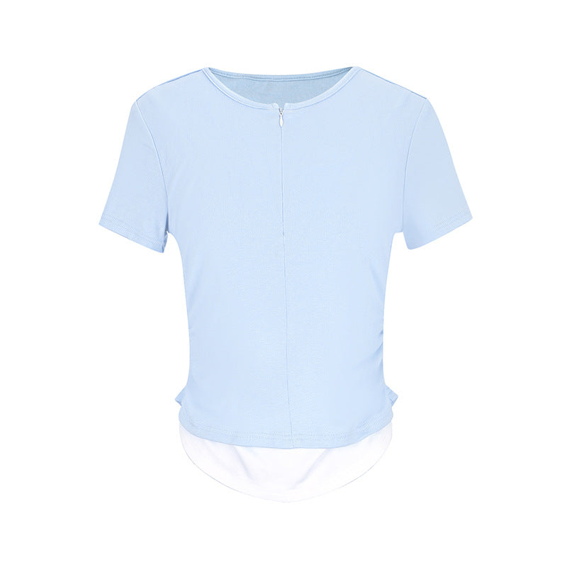 Slim Fit Short Sleeve Top with Half-Zip and Color-Block
