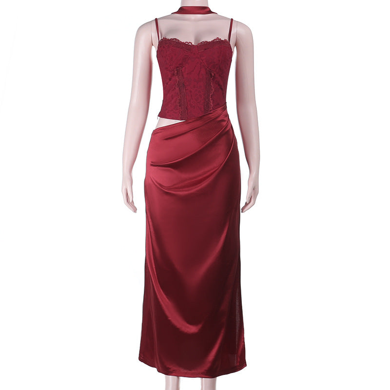A-Line Satin Maxi Dress with Lace Bodice and High Slit