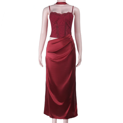 A-Line Satin Maxi Dress with Lace Bodice and High Slit