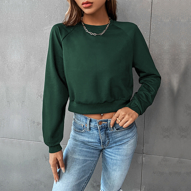 Solid Crewneck Cropped Sweatshirt with Raglan Sleeves