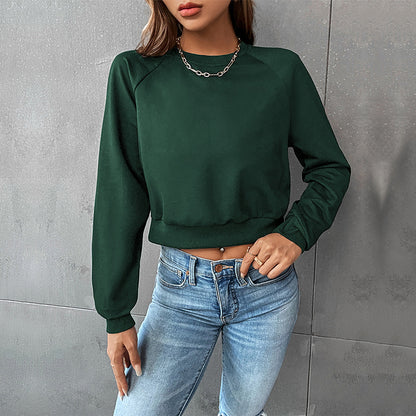 Solid Crewneck Cropped Sweatshirt with Raglan Sleeves