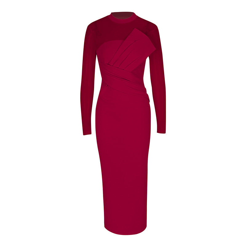 Bodycon Midi Dress with Sheer Mesh Top and Draped Bodice