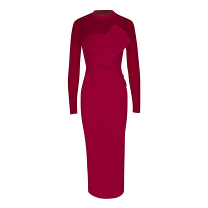 Bodycon Midi Dress with Sheer Mesh Top and Draped Bodice