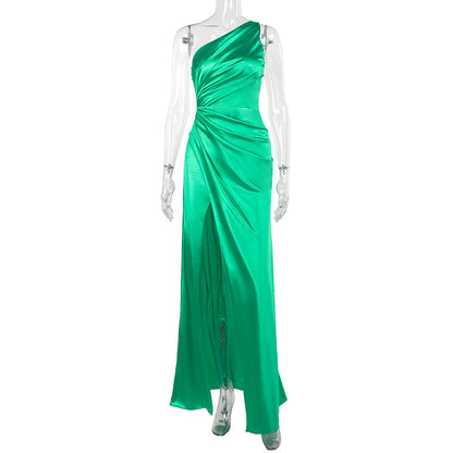 One-Shoulder Satin Maxi Dress with Ruched Bodice and High Slit