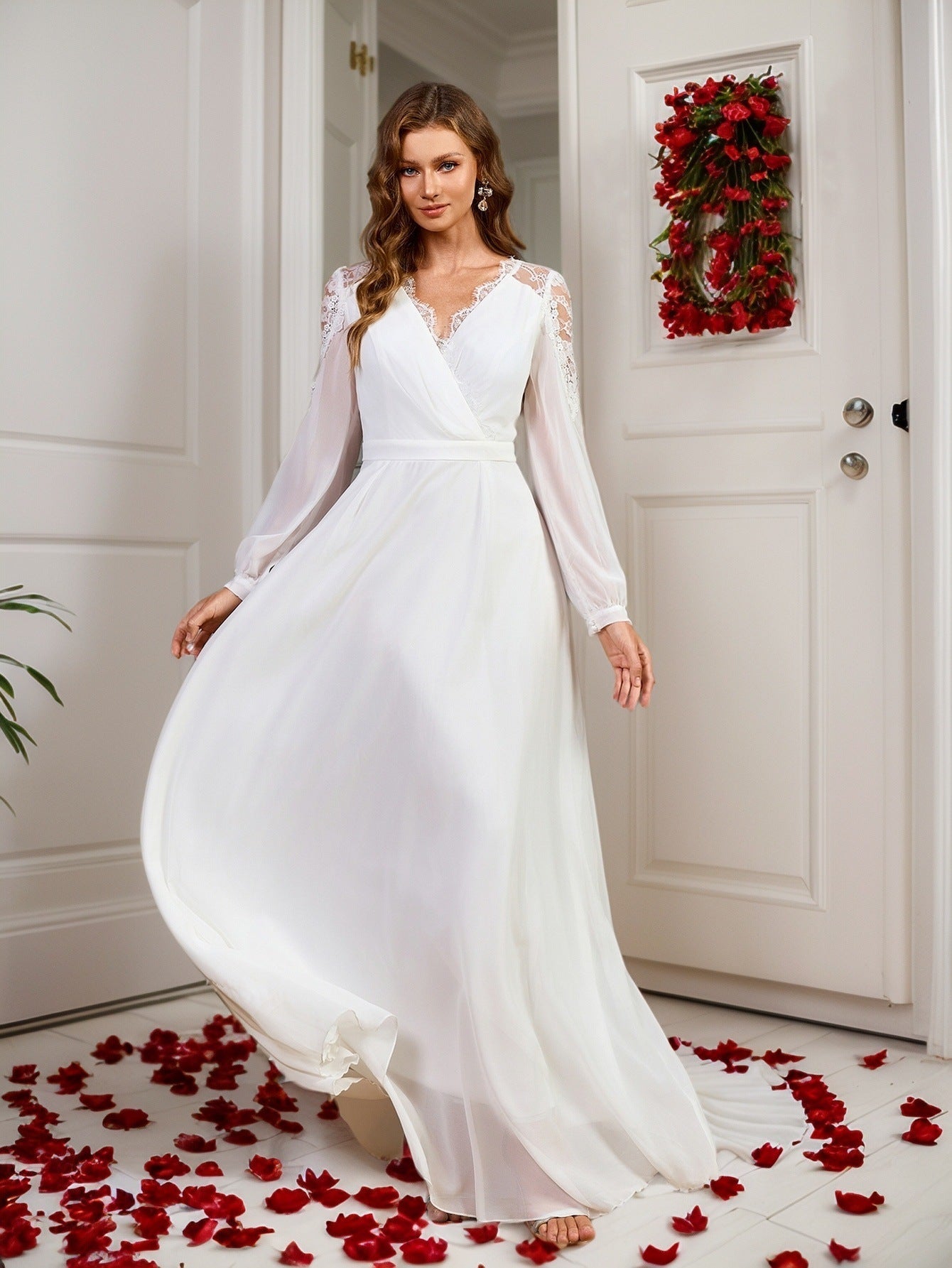 A-Line Chiffon Maxi Dress with Deep V-Neck and Lace Back